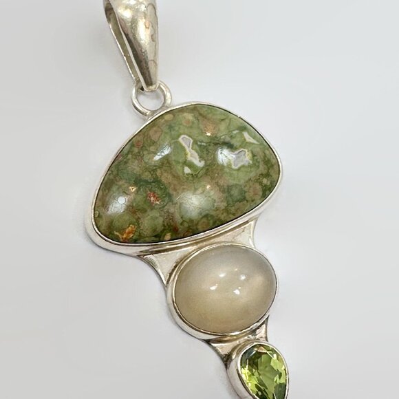 Charles Albert Rainforest Jasper Peridot .950 Sterling Silver Pendant - Picture 2 of 7